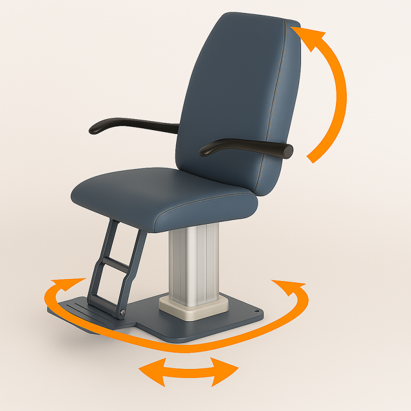 Rotation et inclinaison du fauteuil pour l'option PMR. Le repose-pied est inclus dans cette option